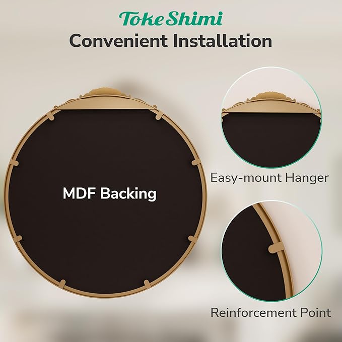 TokeShimi 30x30 Vintage Mirror with Metal Frame,Gold Antique Round Mirror for Wall,Fireplace,Living Room,Baroque Wall-Mounted French Cleat Mounting