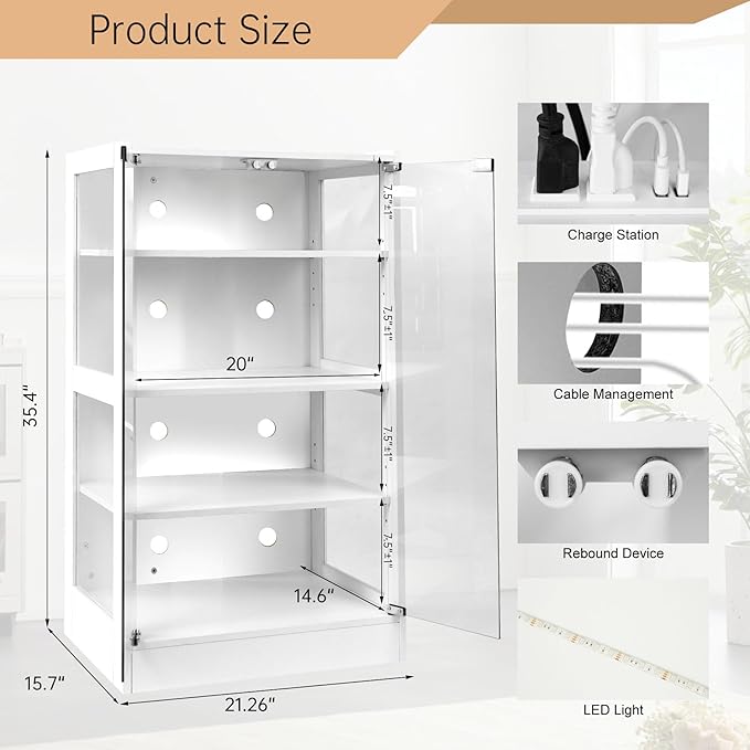 4-Tier Media Cabinet with LED Lighting, Audio/Video Stand Featuring Built-in USB Ports and Electrical Outlets, Designed for Living Rooms and Gaming Spaces, Glass Doors