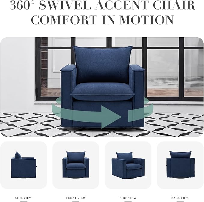 COLAMY Swivel Accent Chair Set of 2, 34 Inches Wide Upholstered Arm Chair with Plump Back Pillow, Modern Sofa Living Room Chair for Bedroom, Corner, Reading Nook-Blue