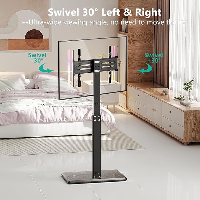 WALI Floor TV Stand with LED Lights, Tall TV Stand Mount for 32-75 inch TV up to 110 lbs, Swivel and Height Adjustable TV Stands with Wood Base for Bedroom, Office(TVDVD-7L), Black