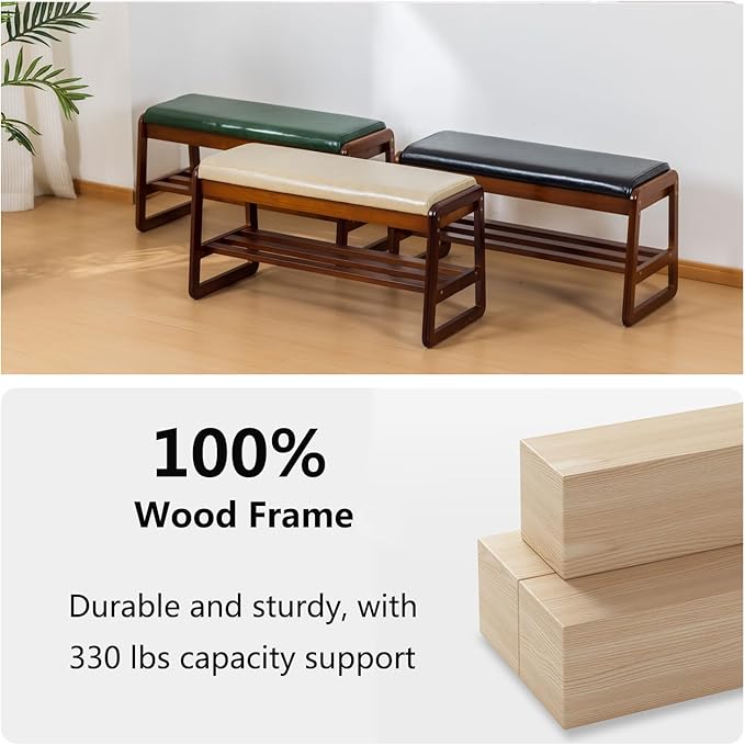 Solid Wood Shoe Bench, 2-Tier Entryway Bench with Cushion and Flip-Open Storage Box, Mid-Century Modern Shoe Bench Rack for Hallway, Mudroom(Green, 21.65'')