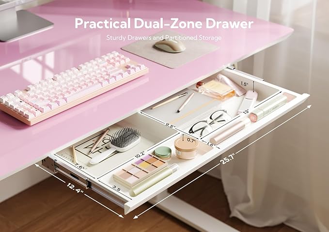 INNOVAR Glass Standing Desk with Drawers, Adjustable Height Stand Up Desk, Electric Standing Desks with Storage, 55 inch, Morandi Powder