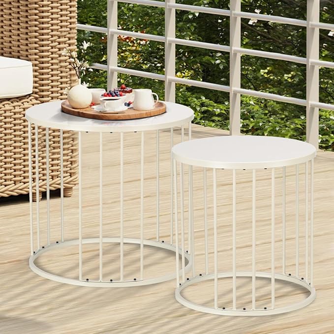 LEWIS&WAYNE Outdoor Side Table Set of 2, Metal Circle Accent End Tables for Balcony Backyard Garden Indoor Living Room, Durable Nesting Coffee Tables, 20”+16” Dia, White