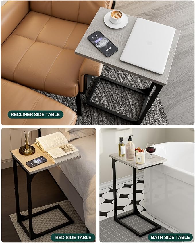 C-Shaped Side Table for Couch - Small Coffee Stand Sofa Tray Desk with Metal Frame and Waterproof Scratch Resistant, Modern End Accent for Living Room, Bedroom, Set of 2, Greige