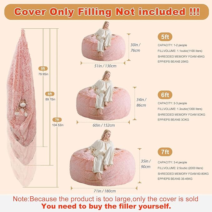 Giant Bean Bag Chair Cover(No Filler), Bean Bag Couch Cover Without Filler Included, Beanbag Chairs for Adults Teens Kids, Anti-Slip, 6FT, Orange
