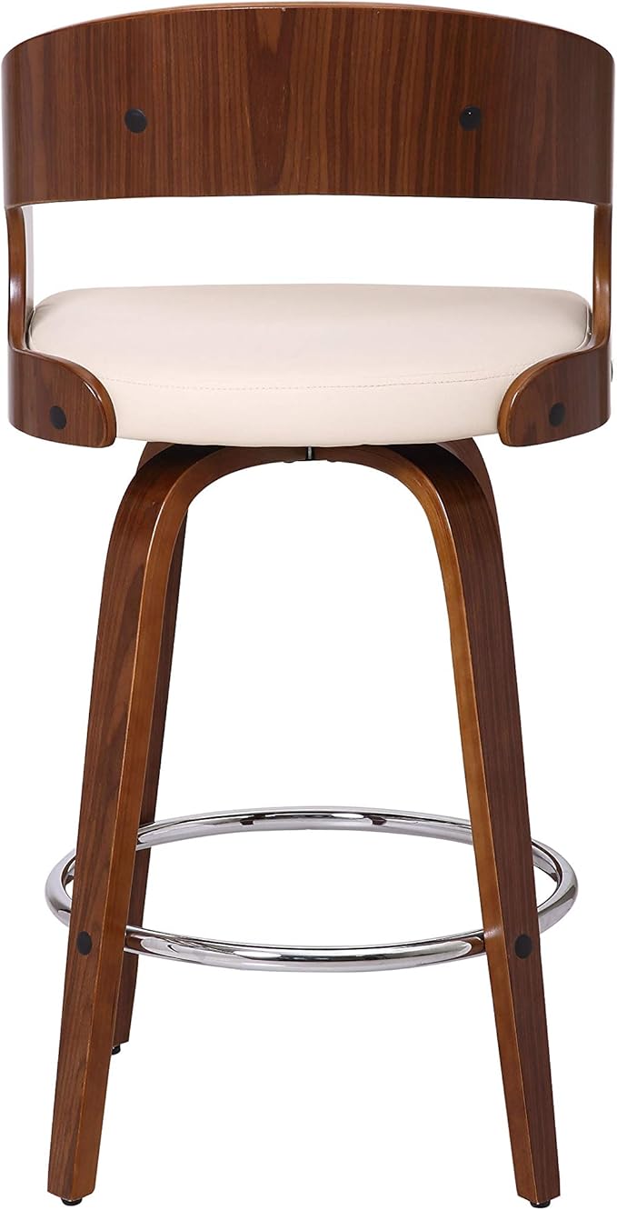 Armen Living Shelly 26" Counter Height Swivel Cream Faux Leather and Walnut Wood Bar Stool - Set of 2