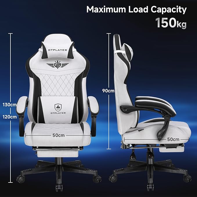 GTPLAYER Gaming Chair, Video Game Chairs with Footrest and Lumbar Support, Computer Chair for Adults with Extended Backrest, Ergonomic Reclining Silla Gamer, Fabric, Grey