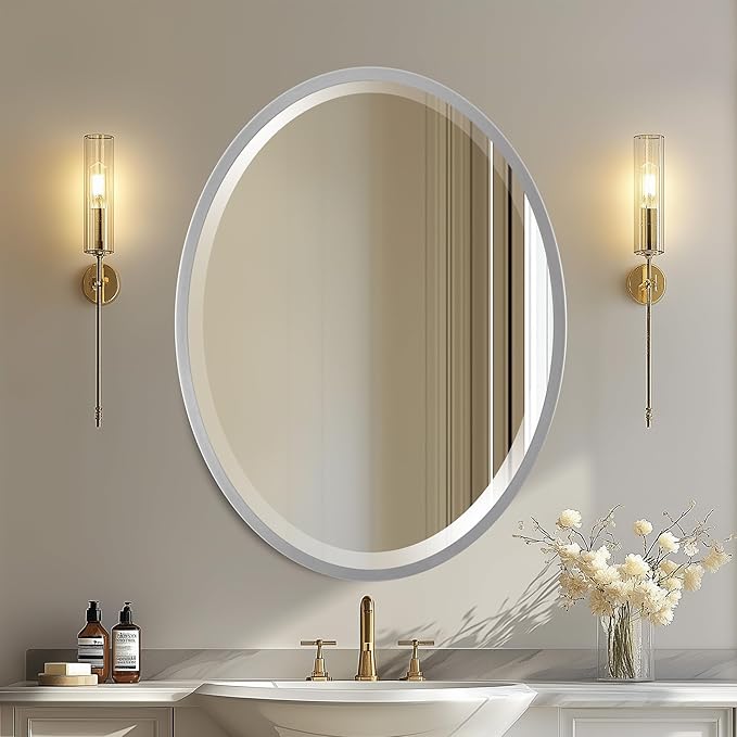 OVALCREST - Oval Wooden Beveled Wall Mirror for Home Decor, Bathroom, Vanity, Bedroom, Living Room, Hallway - London Style (Silver Spray) 21.1 x 25.1