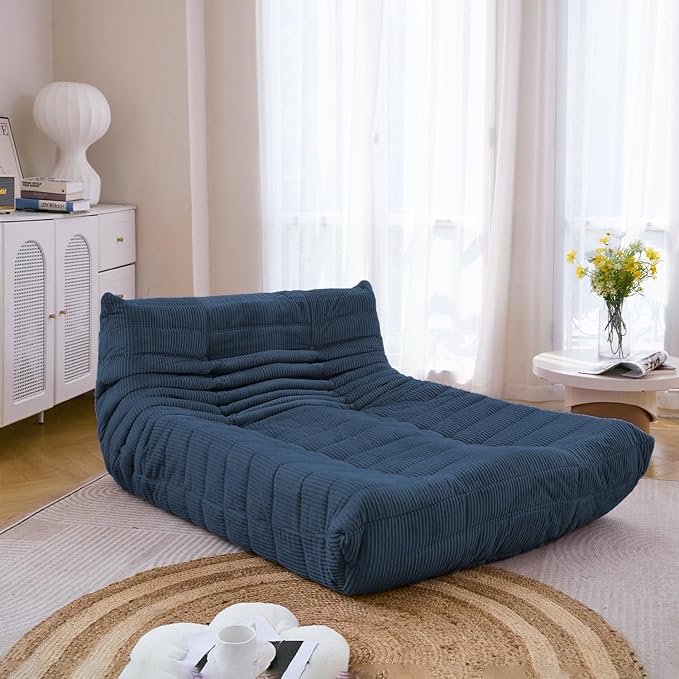 N&V Fireside Lounge Chaise Chair, Mid Century Armless Floor Lounger Sofa, Soft Premium Corduroy Floor Lounge Chair, Foam Sofa Accent Lounger for Living Room Bedroom and Office, Prussian Blue