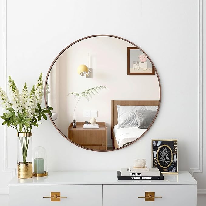 24 inch Circle Wall Mirror, Brushed Bronze Metal Framed Round Mirror for Bathroom Vanity, Bedroom Decor, Living Room, Entryway