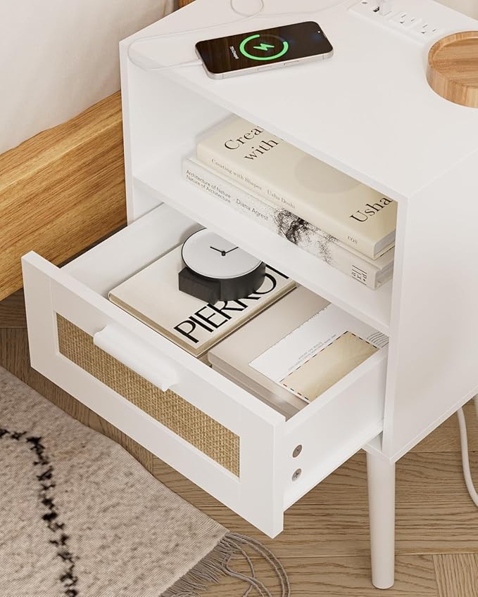 Bedroom Nightstands Wooden Night Stands with Rattan Weaving Drawer Home Bedside End Table for Bedroom Storage (Modern-White)