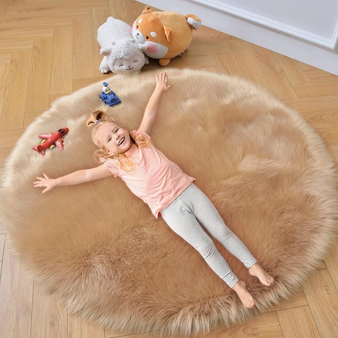 duduta Beige Faux Sheepskin Round Rug 4x4 ft, Fluffy Shag Fur Bedroom Nursery Kids Playroom Rug Dorm Decor Non Slip Washable