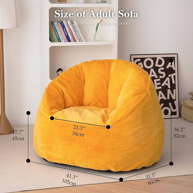 N&V Large Shell Bean Bag Chair, Adult Size Bean Bag Sack, Foam Filling, Includes Removable and Machine Washable Cover, 40in, Soft Faux Fur, Yellow