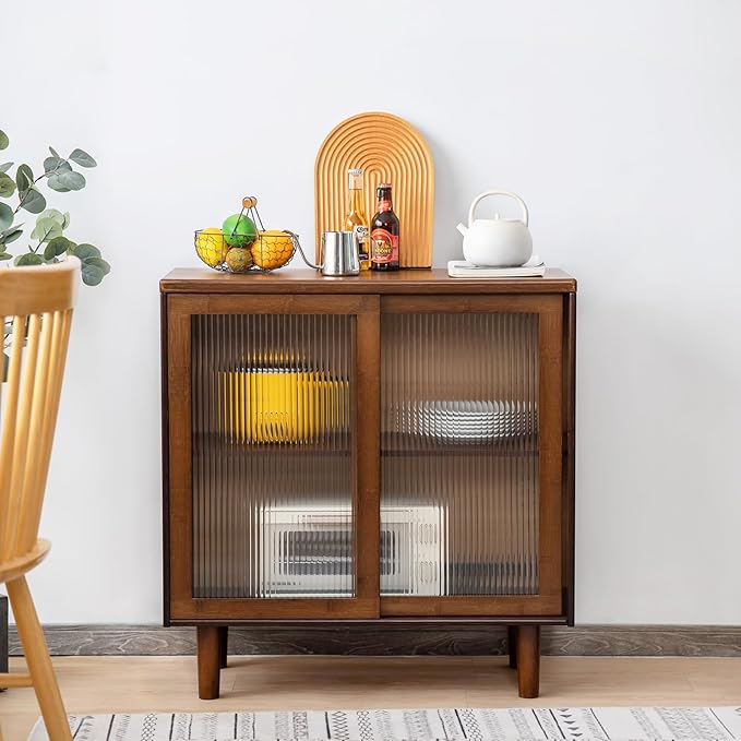 Tiita Bamboo Sideboard Buffet Cabinet, Rattan Kitchen Storage Cabinet, Boho Coffee Bar Tables for Kitchen Living Room Hallway Office, Walnut