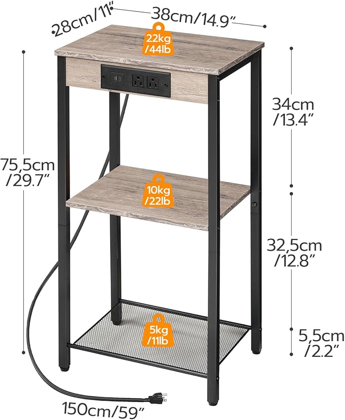 HOOBRO Tall End Table with Charging Station, 30 Inch Tall Nightstand, 3-Tier Side Table with Storage Shelves, for Living Room, Bedroom, Hallway, Greige BG09UDH01G1