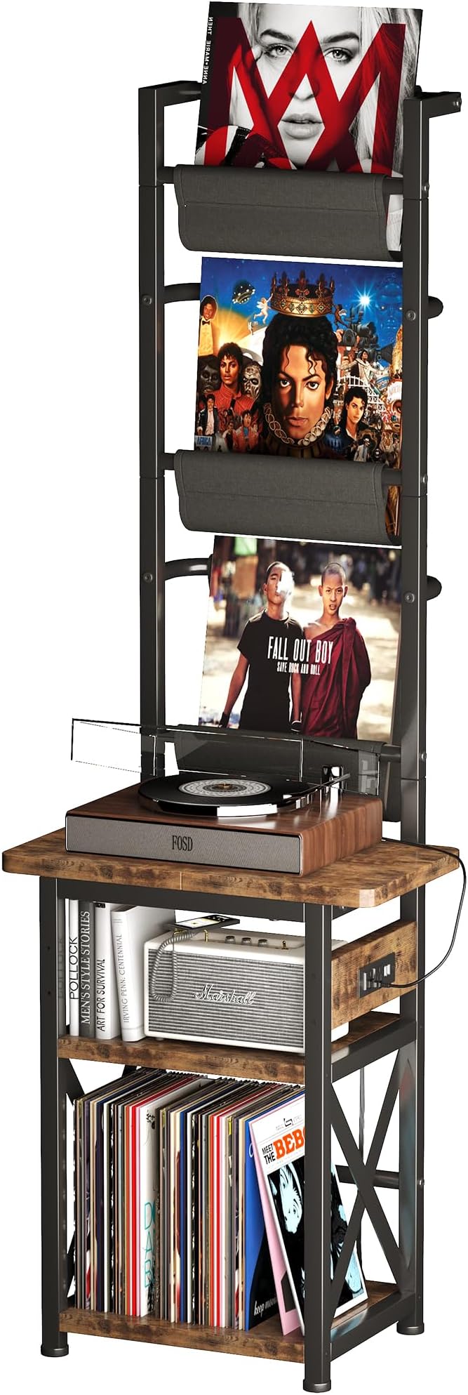 Record Player Stand with Power Outlet, 6 Tier Vinyl Record Display Shelf, Record Player Table with album storage up to 200 Albums, Console Organizer Display Shelf, Gifts for Music Lovers