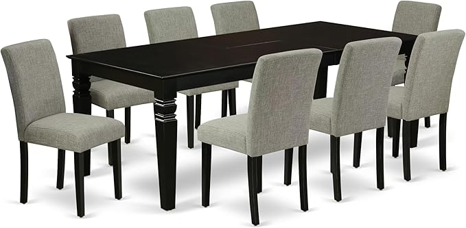 East West Furniture LGAB9-BLK-06 9 Piece Dining Room Furniture Set Includes a Rectangle Wooden Table with Butterfly Leaf and 8 Shitake Linen Fabric Parson Chairs, 42x84 Inch, Black