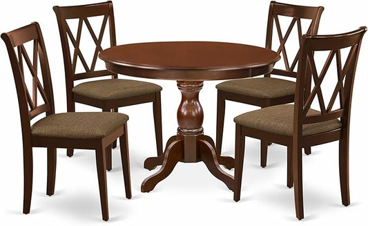 East West Furniture HBCL5-MAH-C 5 Piece Dining Room Table Set Includes a Round Kitchen Table with Pedestal and 4 Linen Fabric Upholstered Dining Chairs, 42x42 Inch, Mahogany