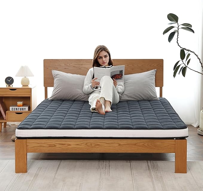 Welnow Japanese Futon Floor Mattress, Twin Size Thick Tatami Mat Portable & Foldable Roll Up Floor Bed Mattress with Storage Bag, Sleeping Pad for Adults, Dorm, Guest Bed, Camping and Travel, Black