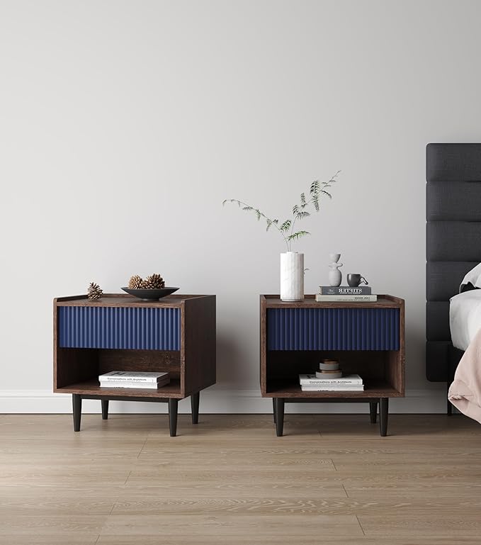 Manhattan Comfort Duane Modern Ribbed Nightstand, Bedside Table with Full Extension Drawer and Open Shelf, Industrial Chic Living Room and Bedroom Furniture, Navy Blue
