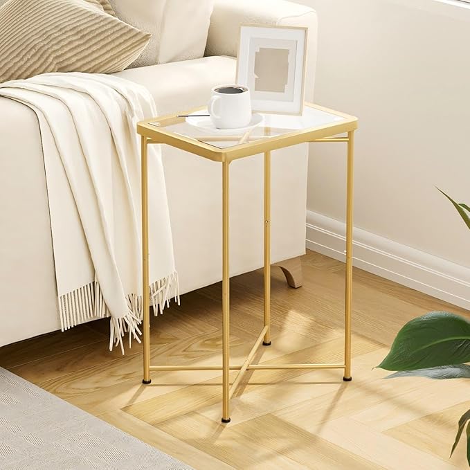 Garden 4 you Small Side Table, Glass End Table, Outdoor Side Table with Metal Frame, Mini Bedside Table for Living Room, Bedroom, Patio, Small Space, Gold