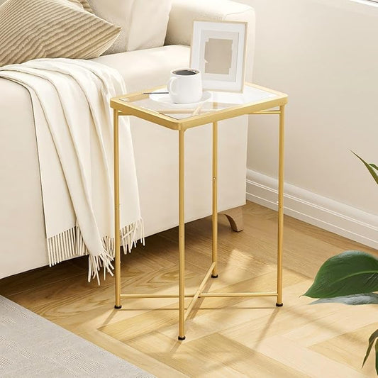 Garden 4 you Small Side Table, Glass End Table, Outdoor Side Table with Metal Frame, Mini Bedside Table for Living Room, Bedroom, Patio, Small Space, Gold