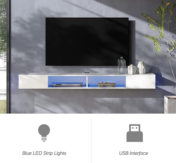 WAMPAT 70 inch Floating TV Stand, Entertainment Center Media Console, Wall Mounted Shelf Media Console Cabinet for Storage for 65/70/75 Inch TVs, White