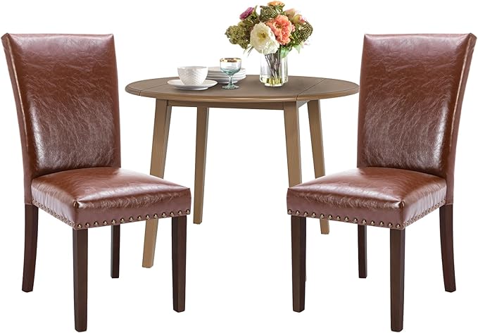 COLAMY 3-Piece Extendable Dining Table Set for 2, 36" Kitchen Round Wood Table with 2 Nailhead Dining Room Chairs,Light Brown/Light Brown