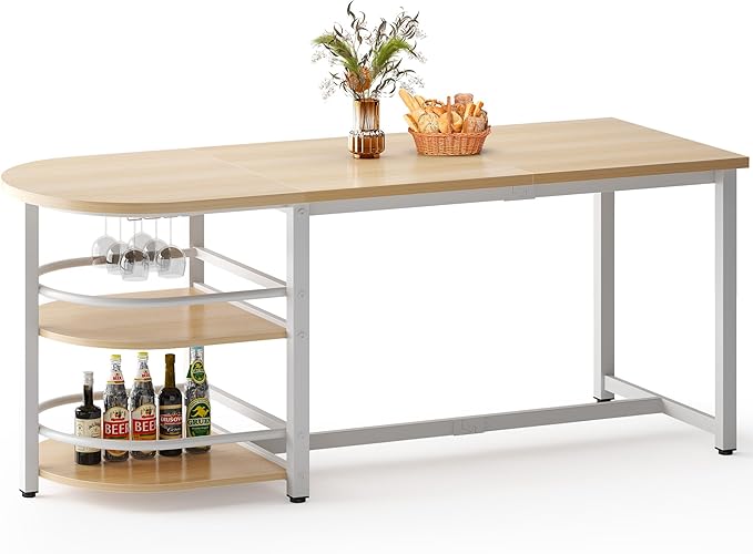soges Dining Table for 4-6 Person, 71 inch Long Kitchen Dining Table for Living Room and Dining Room, Dinner Table with Storage Shelf & Cup Holder, Metal Legs(Only Table), Millennium Oak