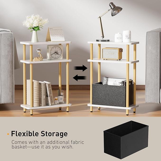 Narrow Side Table with Fabric Basket, 7" Wide, 3 Tier Skinny End Table with Wood Legs, Slim Nightstand/Bedside Table for Small Spaces, with Adjustable Feet, 15.7" L x 23" H