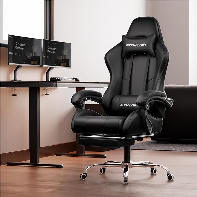 GTPLAYER Gaming Chair, Computer Chair with Footrest and Lumbar Support, Height Adjustable Game Chair with 360°-Swivel Seat and Headrest and for Office or Gaming (Faux Leather, Black)