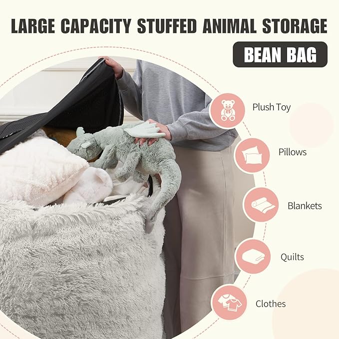 Bean Bag Covers Only, Fluffy Stuffed Beanbag Chair Covers No Filler, Washable Bean Bags Cover for Adults, Stuffed Animal Bean Bag Anti-Slip, 6FT, Light Grey