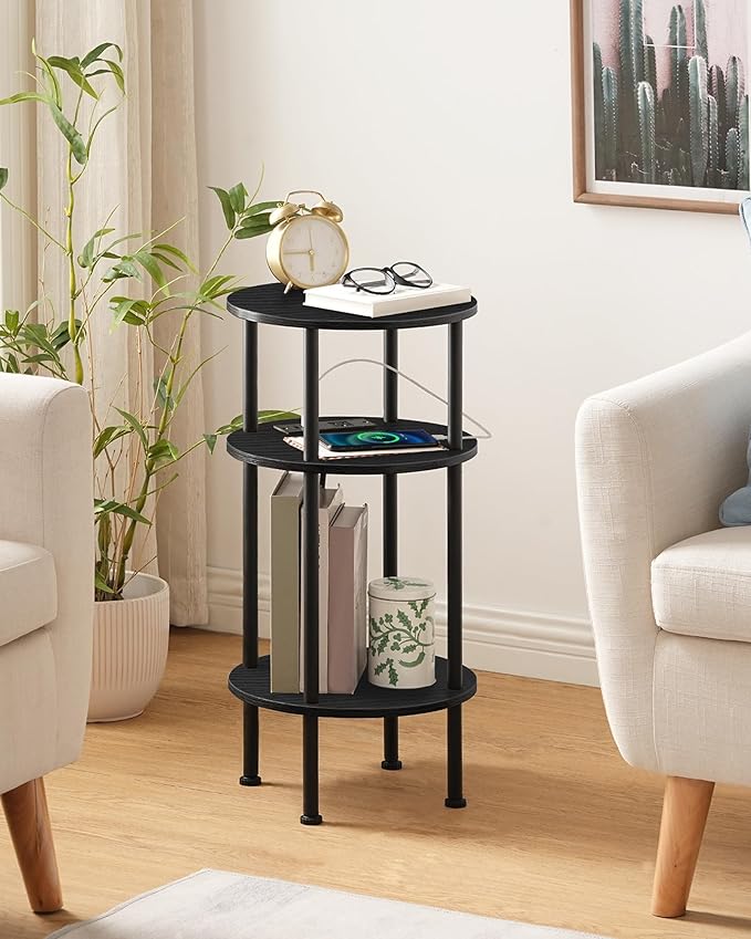 Small Round Side Table with Charging Station, 3-Tier Round End Table for Small Spaces, Nightstand for Living Room, Bedroom, Black TBZ06UBB