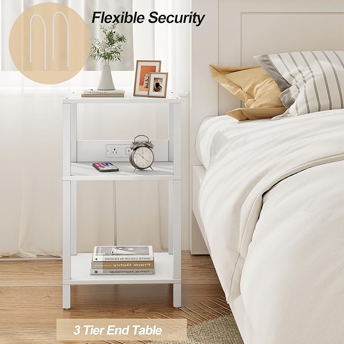 TUTOTAK Record Player Stand with Storage Up to 100 Albums，Record Storage Table,3 Tier End Table with Charging Station,Side Table for Living Room, Bedroom, White TB01BW076