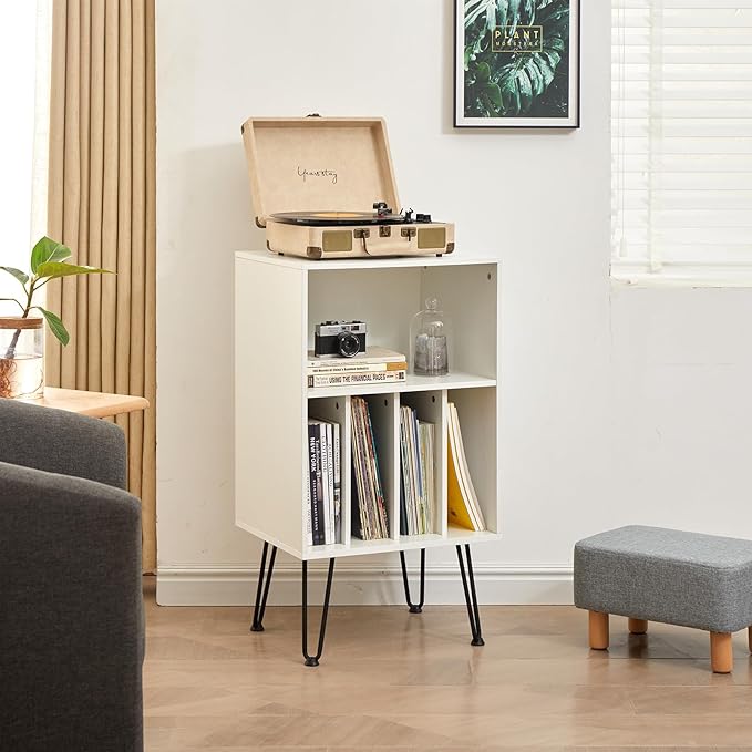 Record Player Stand with Vinyl Storage, Cabinet Holds Up to 150 Albums, End Table for Turntable, Living Room, White