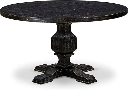 I53-11-TP Wooden Table with Acacia Wood Round Tabletop and Stylish Pedestal Base - Sand Blasted Black Finish