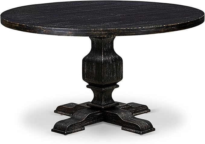 I53-11-TP Wooden Table with Acacia Wood Round Tabletop and Stylish Pedestal Base - Sand Blasted Black Finish
