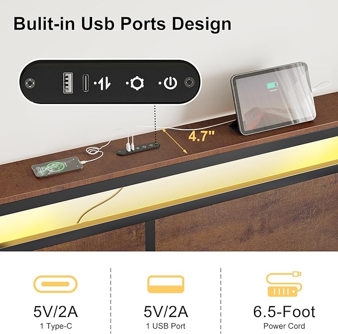 King Bed Frame with Storage Headboard and 4 Drawers Bed Frame King Size with Charging Station LED Lights Metal Platform Non-Slip Without Noise No Box Spring Needed
