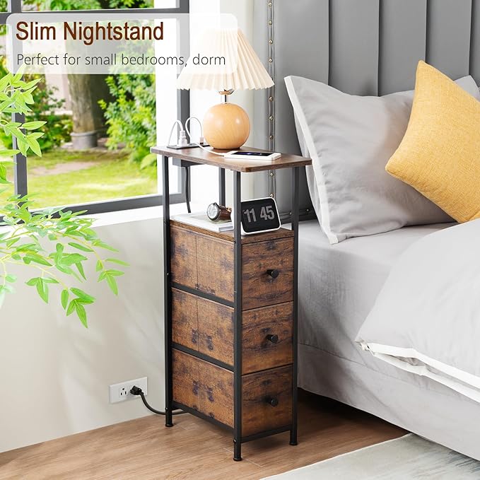 Narrow End Table Living Room with Charging Station, Skinny Side Table with Fabric Drawers, Slim Nightstand for Bedroom, Small Spaces, Couch, Rustic Brown, HETNDP03PBR-1