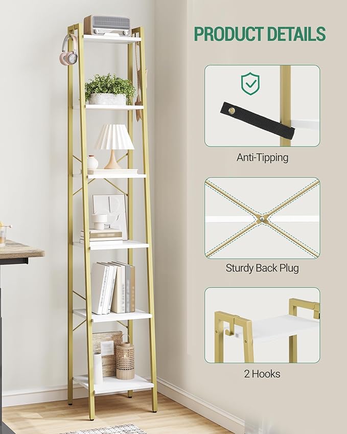 Ladder Shelf, Bookshelf Bookcase, Freestanding Corner Storage Shelve with 2 Hooks for Home Office, Living Room, Kitchen, Bedroom, Industrial, 6-Tier White Gold BC13313G