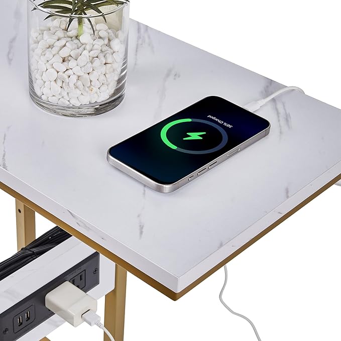 VECELO C Shaped End Side Table with Charging Station & Power Outlets for Couch Sofa/Bed Snack TV Tray with Metal Frame for Living Room Bedroom 1 Set, Gold