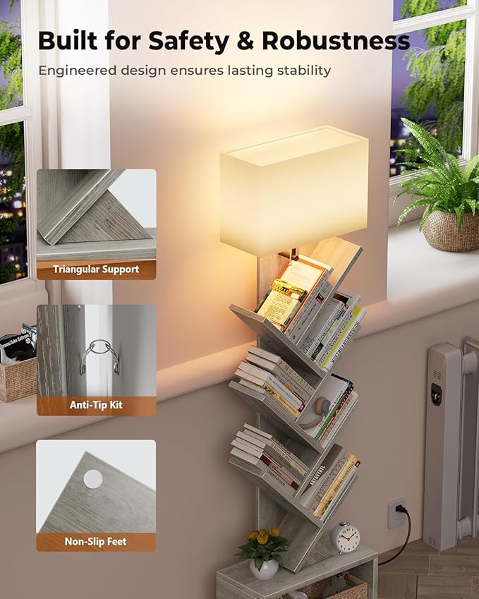 6 Tier Tree Bookshelf with Light, Narrow Bookcase Tower, Tall Floor Standing Book Shelf Organizer with Storage Cabinet for Living Room, Bedroom and Home Office, Gray