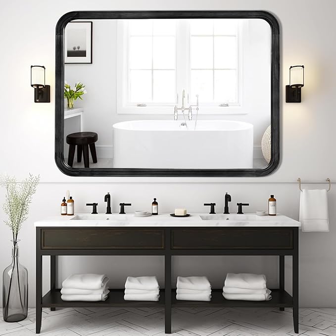 WallBeyond Black Bathroom Mirror for Wall 30x40 Inch Wooden Frame Rectangle Mirror for Farmhouse Bathroom Vanity Wall Mounted Decorative Mirror (Horizontal/Vertical Black)