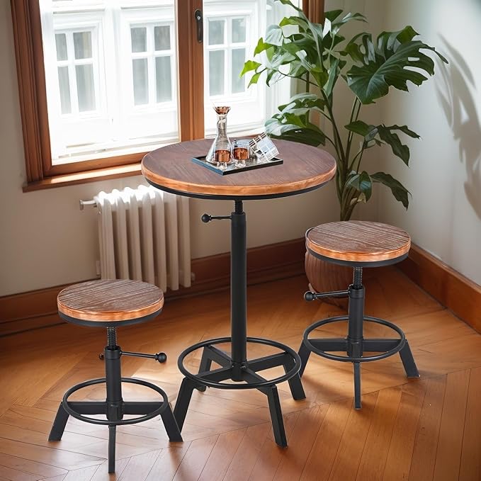 Vintage Bar Table 30-35.4inch Height Adjustable Industrial Bistro Table Retro Dinning Table for Kitchen Coffee House Pub Swivel Wooden Top
