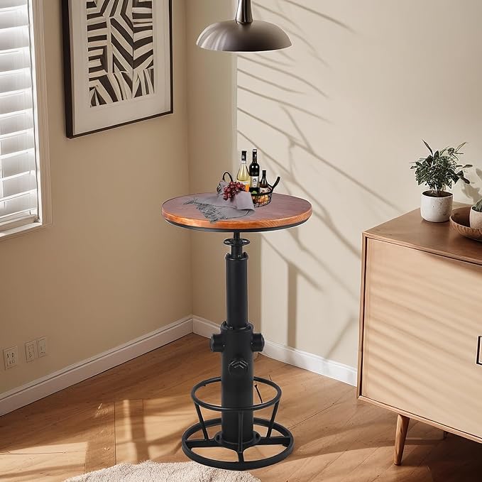 Vintage Bistro Table Height Adjustable 38.6-44.4inch Industrial Bar Table for Kitchen Dining Room Coffee House Pub Office Swivel Round Wooden Top for 2-3 People