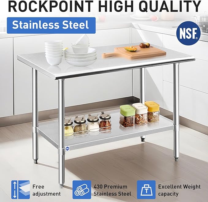 ROCKPOINT Stainless Steel Table for Prep & Work 18x36 Inches, NSF Metal Commercial Kitchen Heavy Duty Table with Adjustable Under Shelf and Table Foot for Restaurant, Home and Hotel