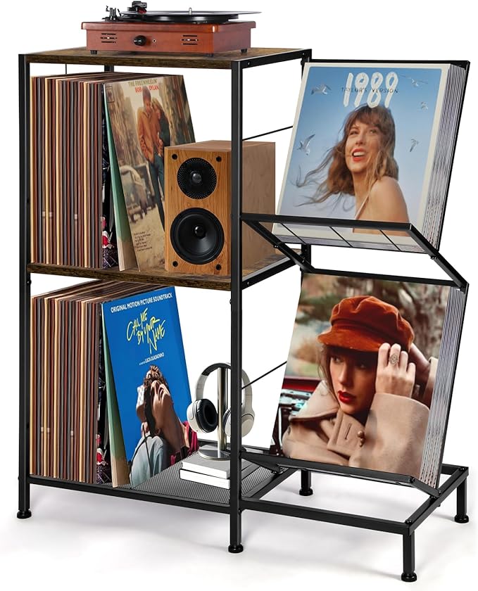 Record Player Stand with Vinyl Record Storage, Turntable Stand with 2-Tier Vinyl Display Shelf & Metal Frame, Record Holder for Living Room, Rustic Brown