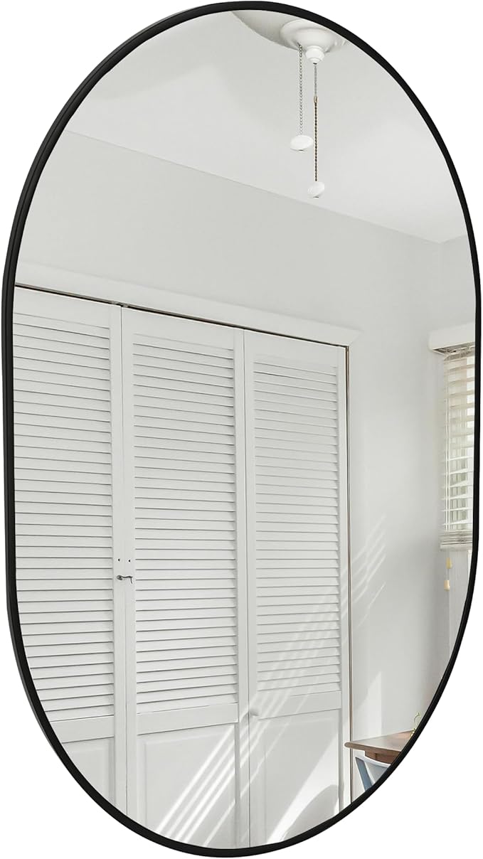 Oval Bathroom Mirror 24x36 Inch, Pill-Shaped Black Framed Wood Wall Mirrors with Tempered Glass for Bedroom,Entryway or Living Room