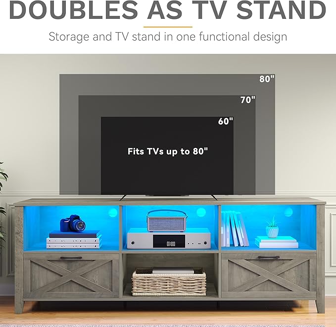 DWVO 70 Inch Farmhouse TV Stand with LED Lighting, Fits TVs up to 80 Inches, Media Console with Storage and Customizable Divider, Entertainment Center for Living Room (Grey)