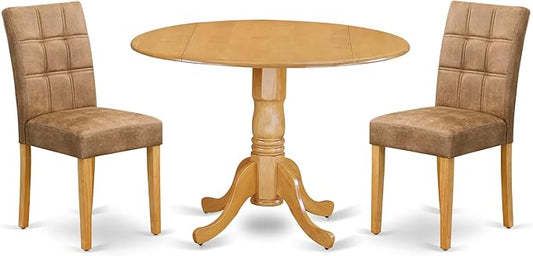 East West Furniture DLAS3-OAK-28 3 Piece Dining Table Set Includes A Wooden Table and 2 Brown Textured Polyester Fabric Mid Century Modern Chairs, Oak